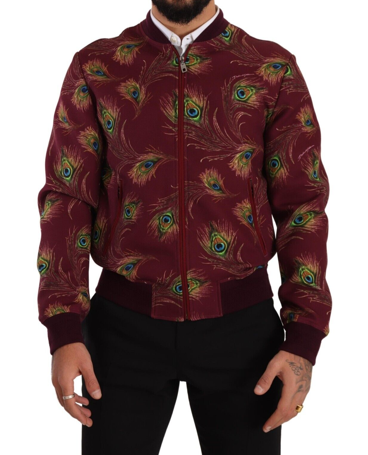 Rode pauw polyester stretch jas met volledige ritssluiting