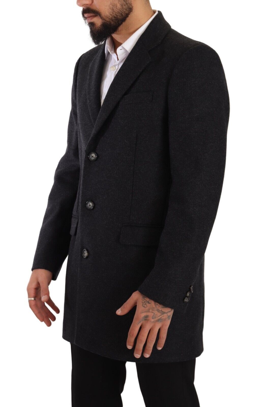 Donkergrijze wollen trenchcoat voor heren