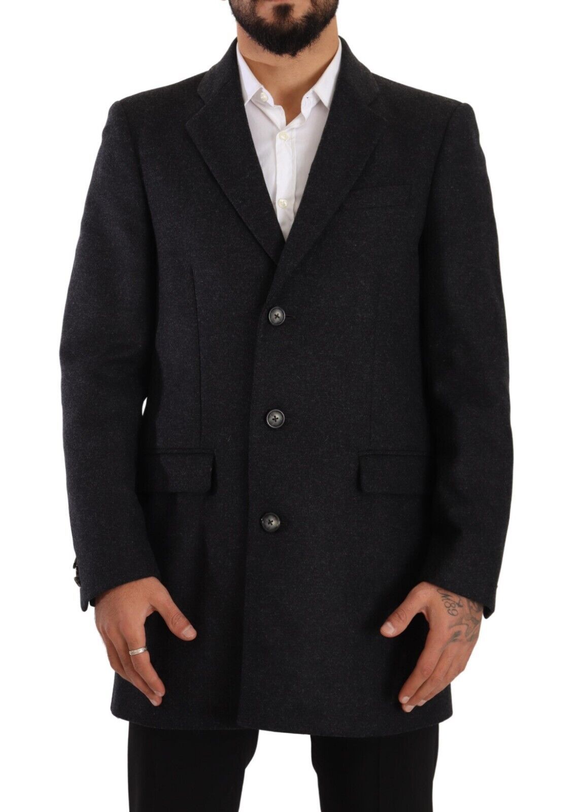 Donkergrijze wollen trenchcoat voor heren