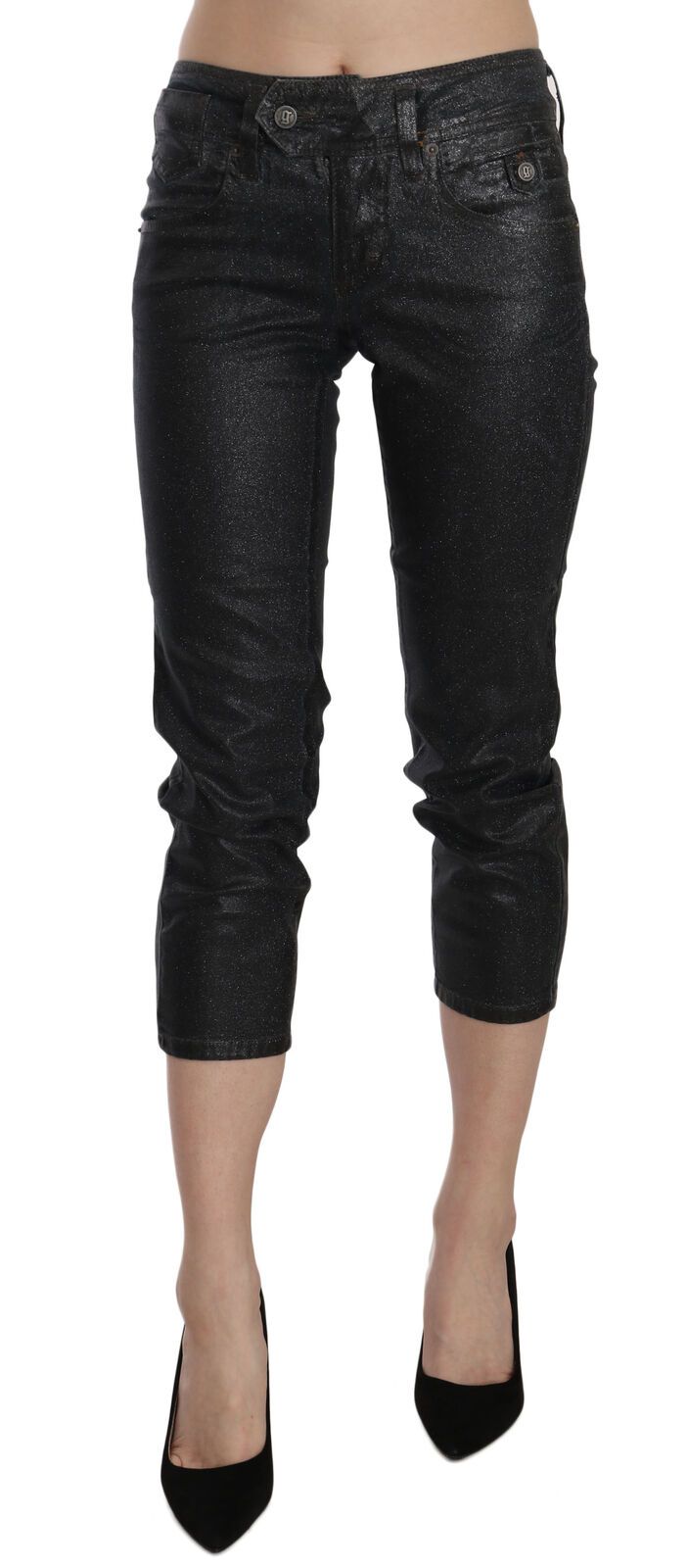 Zwarte gewassen mid waist slim leg cropped denim broek