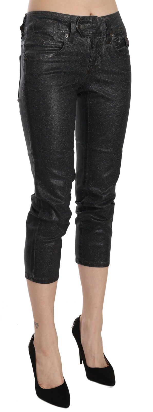 Zwarte gewassen mid waist slim leg cropped denim broek