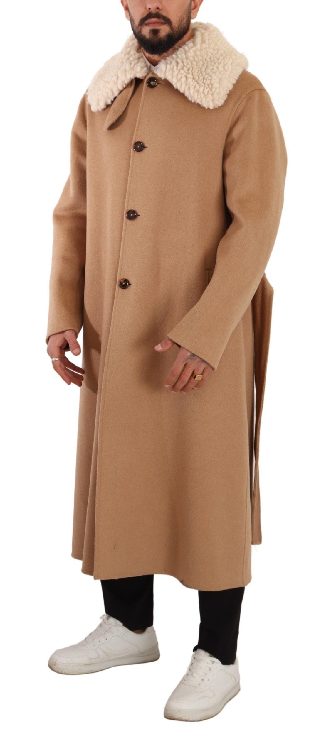 Beige kameelkleurige kasjmier schapenvacht overjas