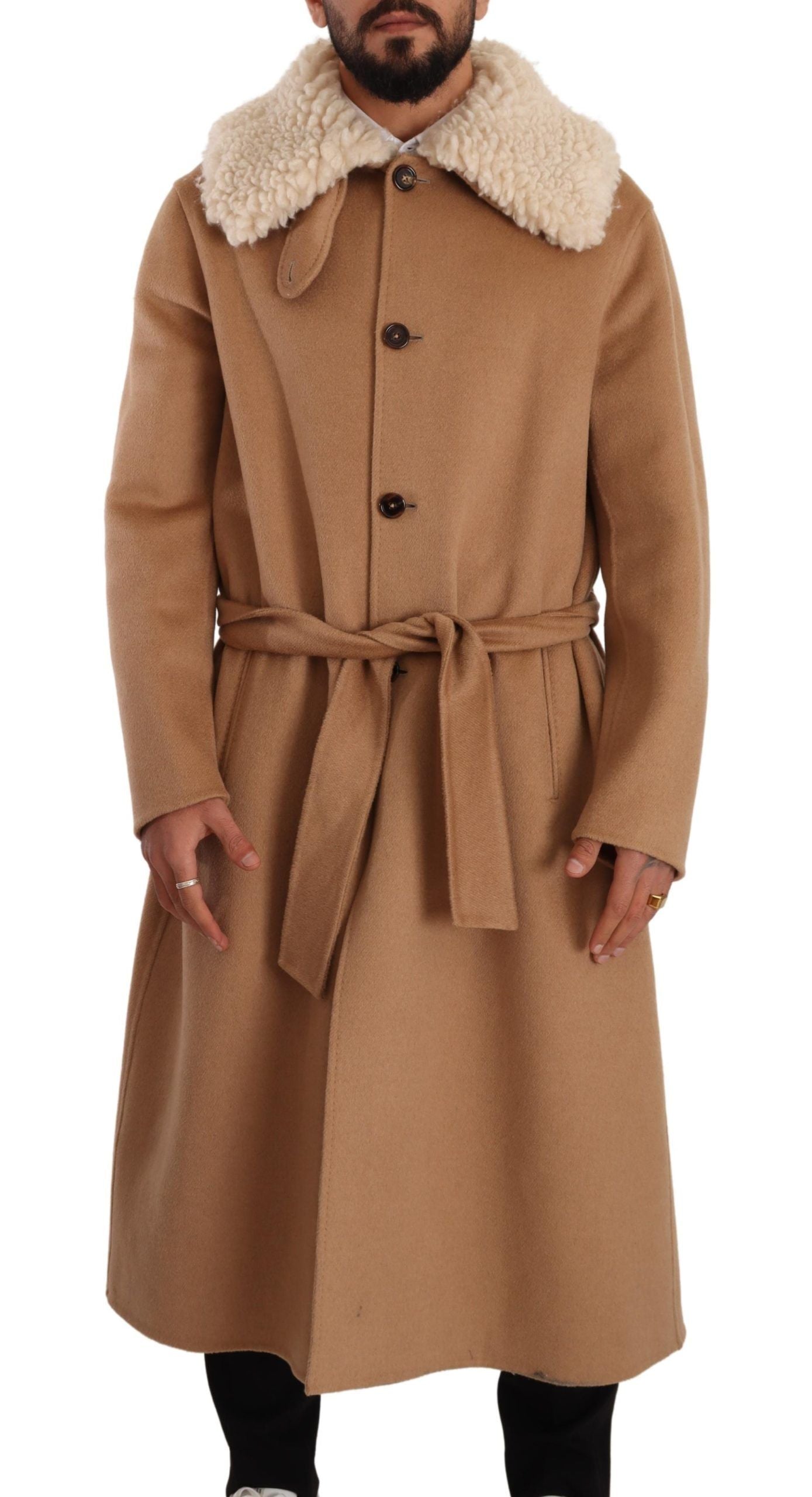 Beige kameelkleurige kasjmier schapenvacht overjas
