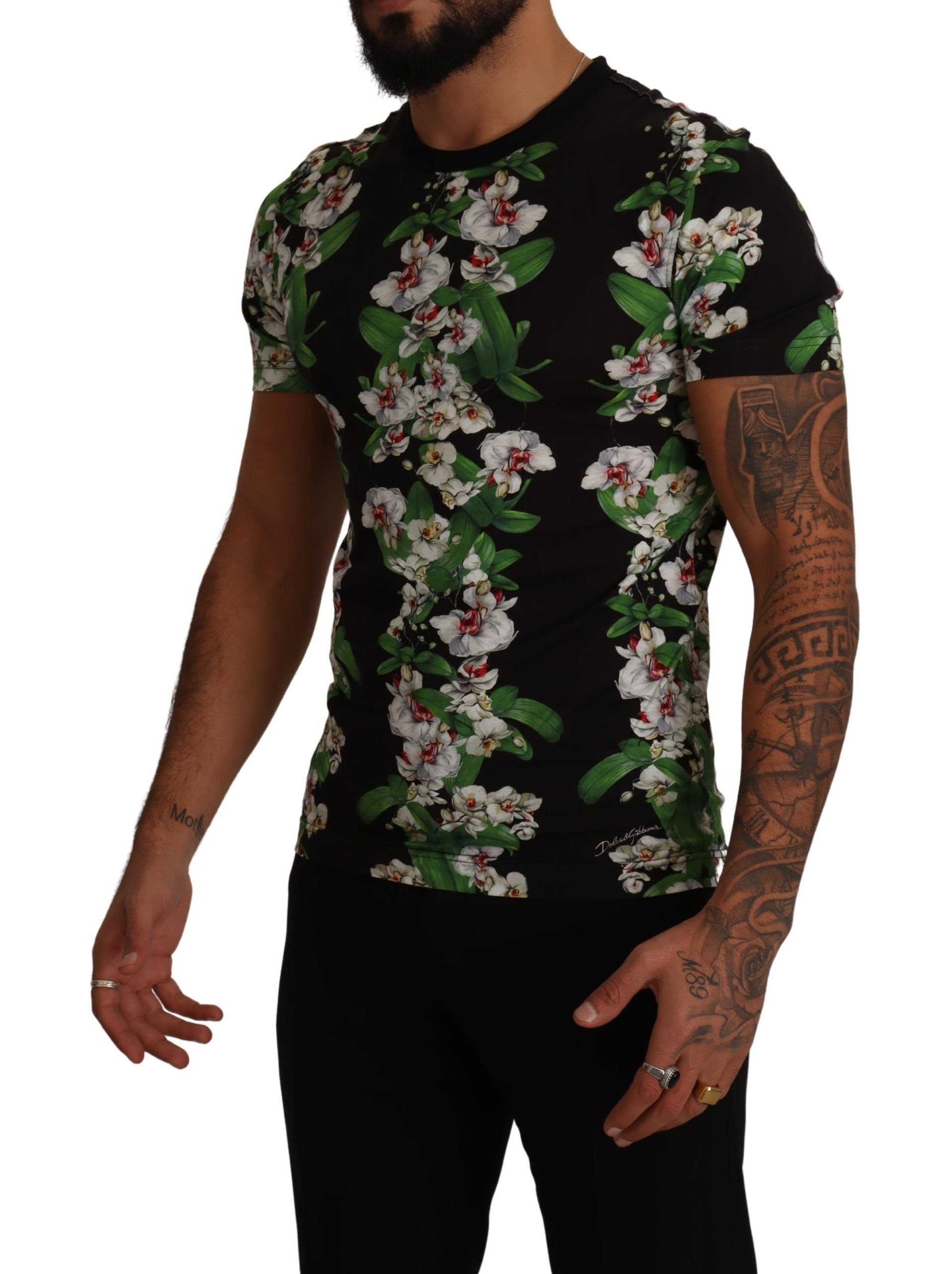 Zwart T-shirt met ronde hals en bloemenprint