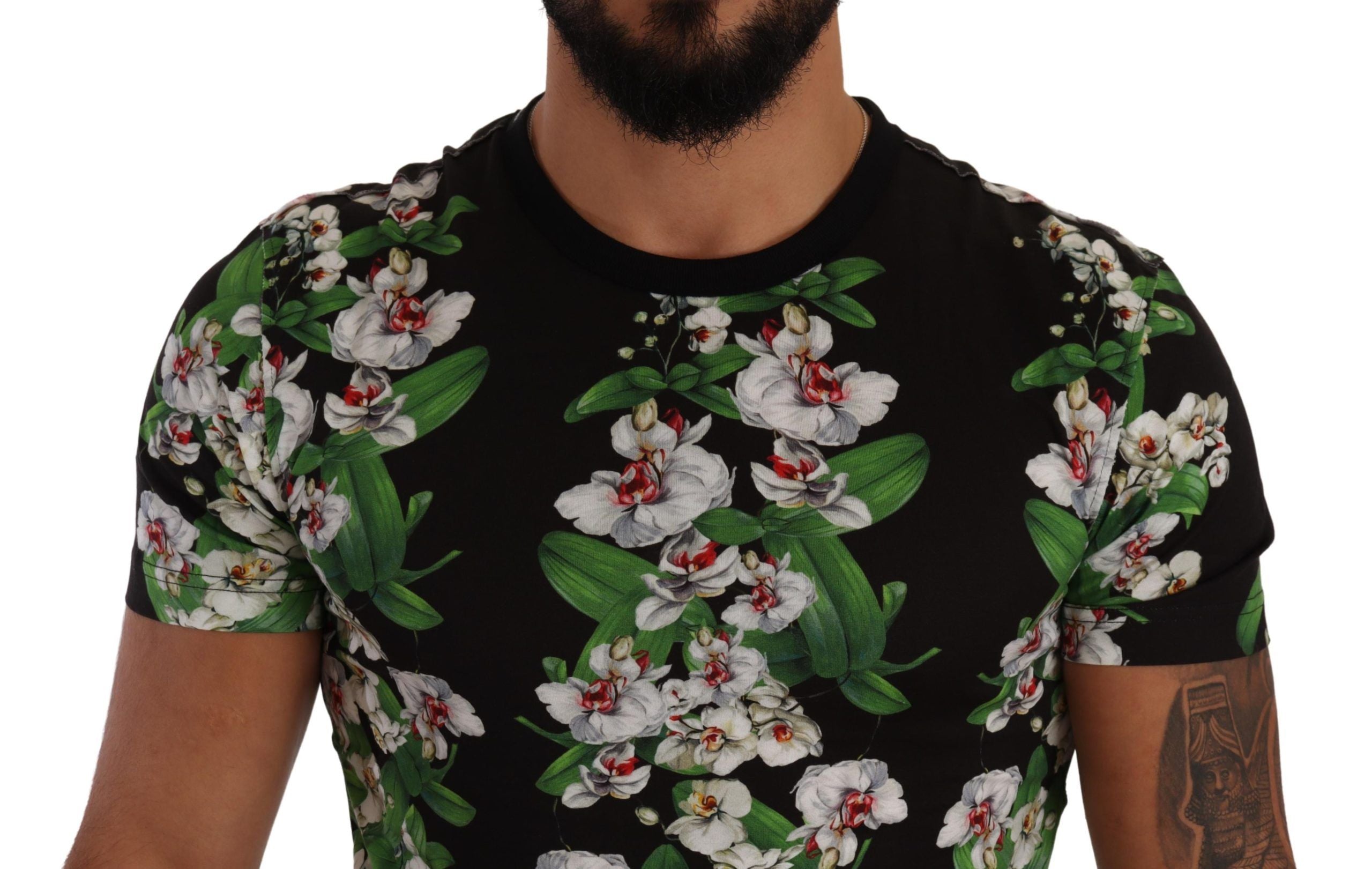 Zwart T-shirt met ronde hals en bloemenprint