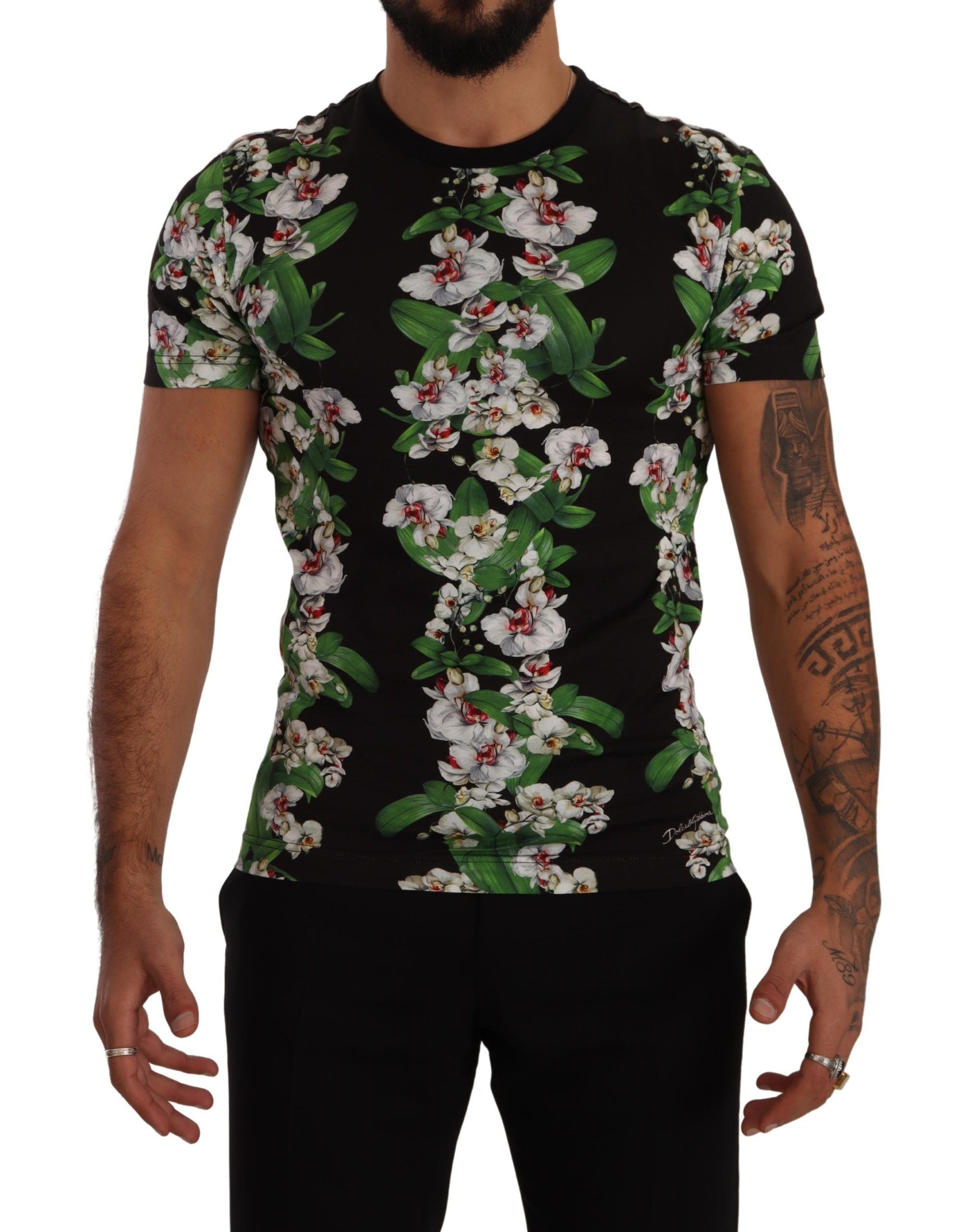 Zwart T-shirt met ronde hals en bloemenprint