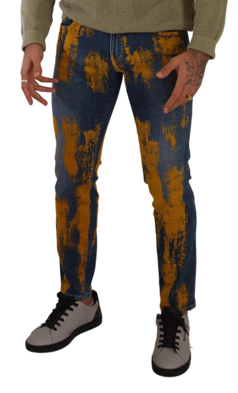Blauw-gele geverfde katoenen skinny herenspijkerbroek