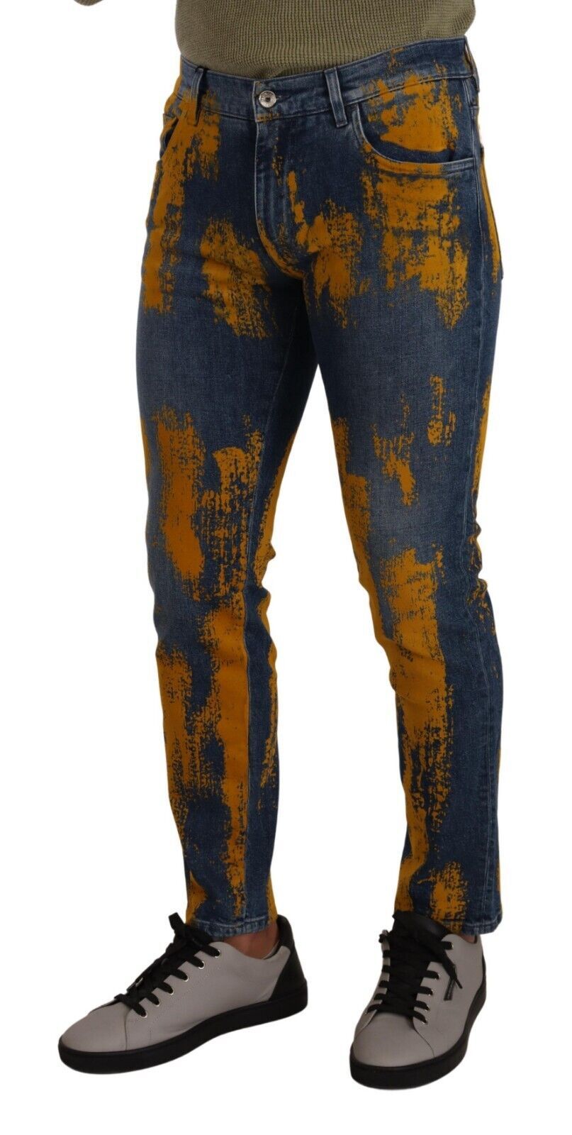 Blauw-gele geverfde katoenen skinny herenspijkerbroek