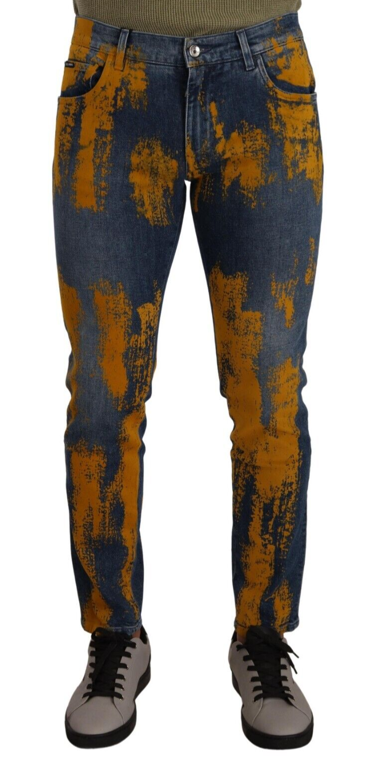 Blauw-gele geverfde katoenen skinny herenspijkerbroek