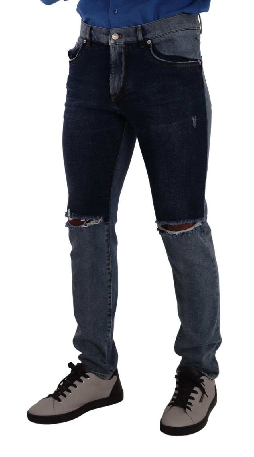 Blauwe two-tone gescheurde katoenen slim denim jeans