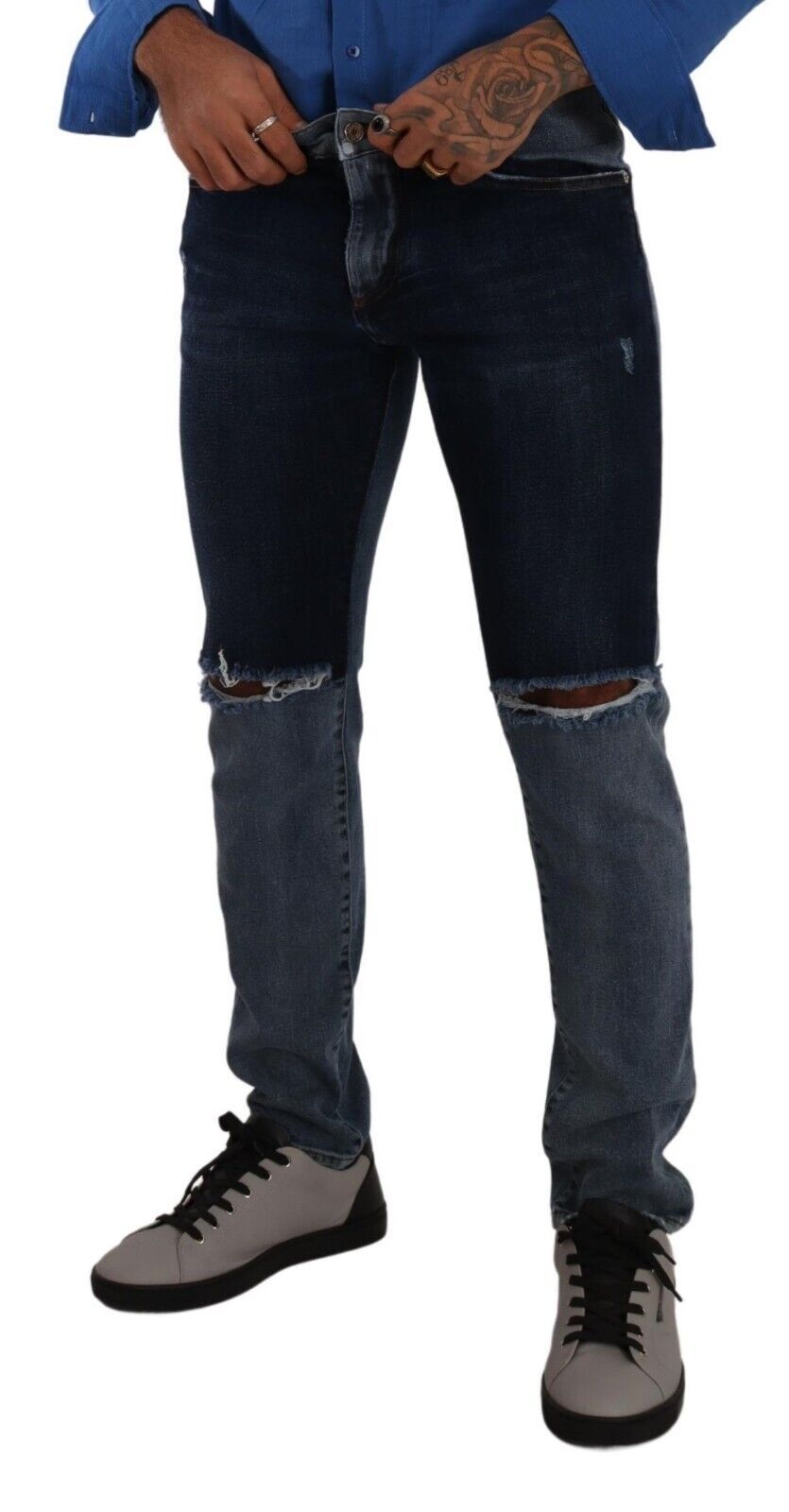 Blauwe two-tone gescheurde katoenen slim denim jeans