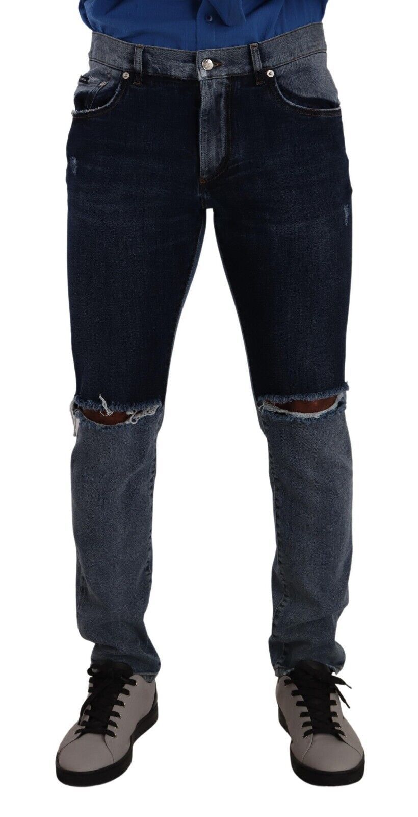 Blauwe two-tone gescheurde katoenen slim denim jeans