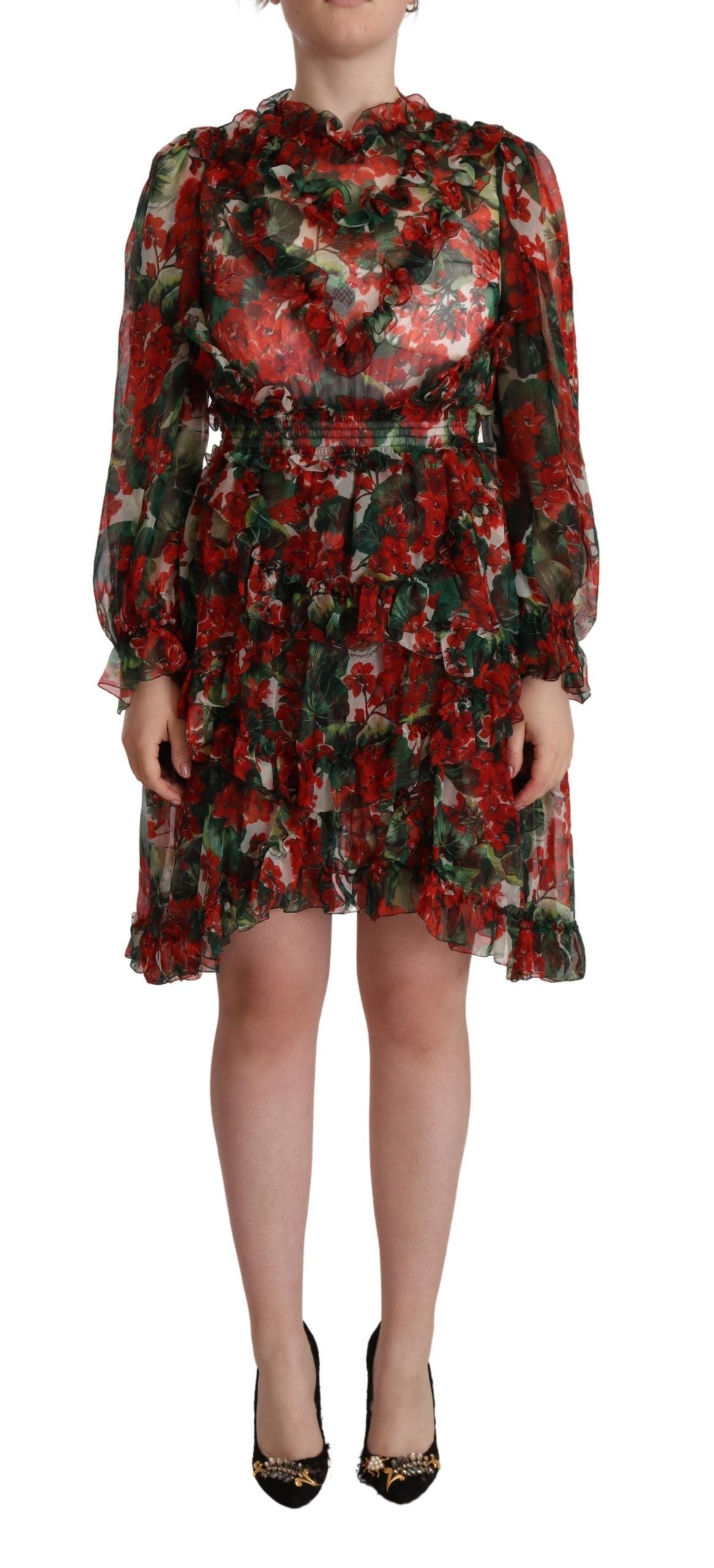 Veelkleurige rode bloemen zijden lange maxi-jurk