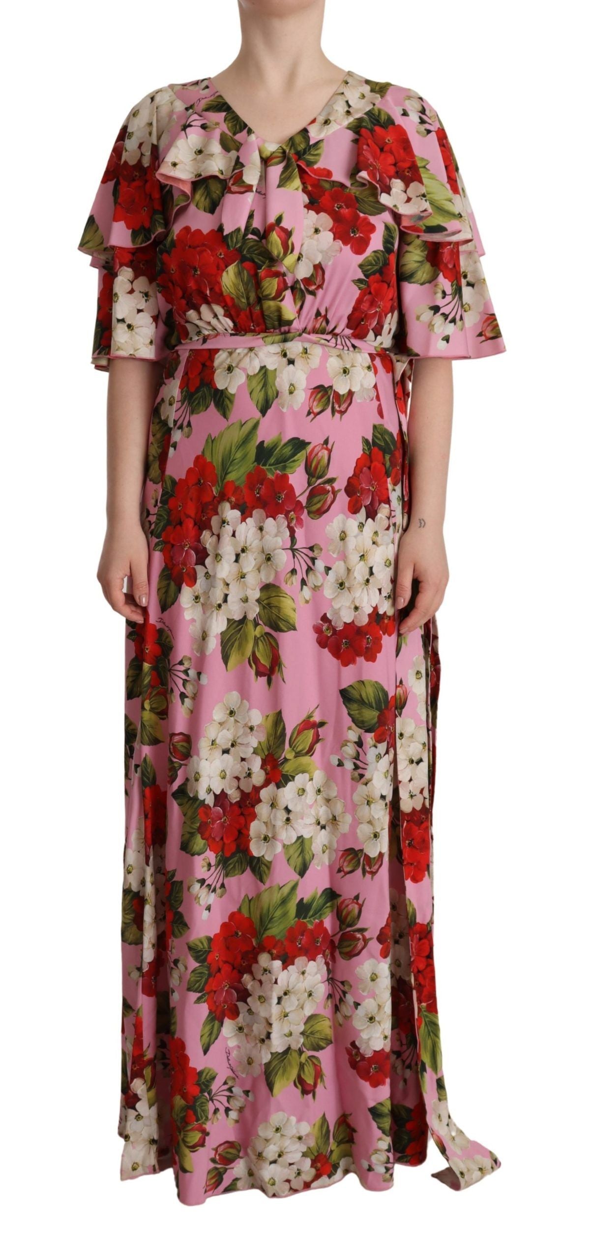 Roze bloemen zijden stretch maxi-jurk