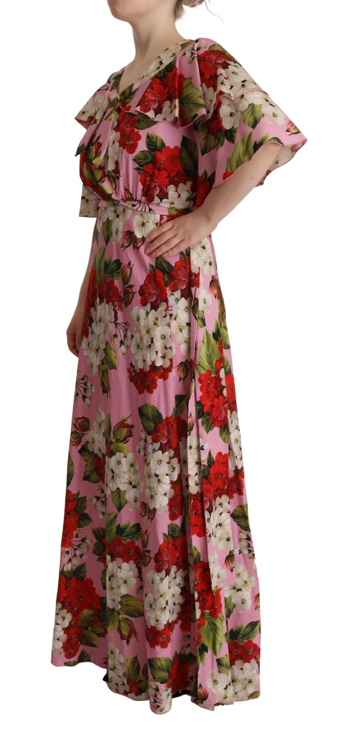 Roze bloemen zijden stretch maxi-jurk