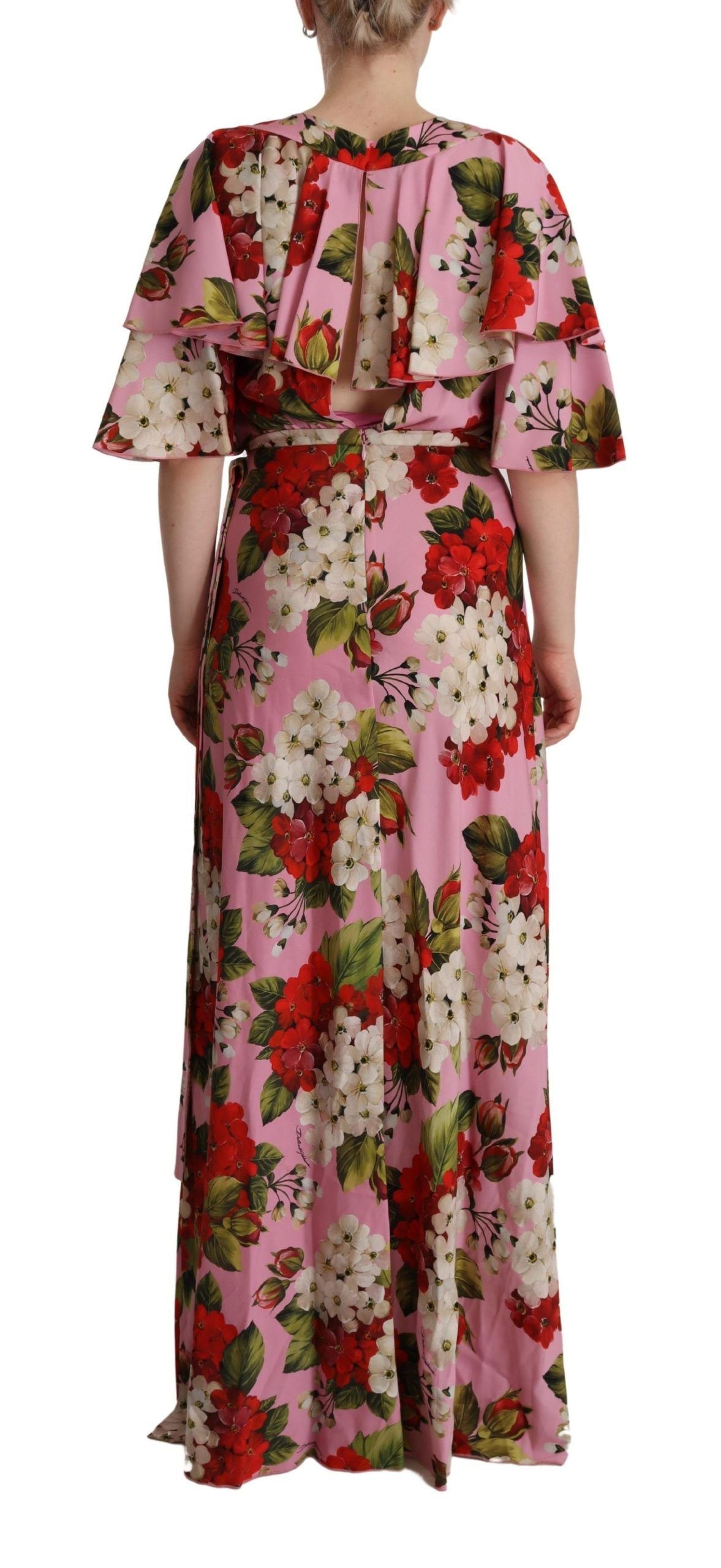 Roze bloemen zijden stretch maxi-jurk