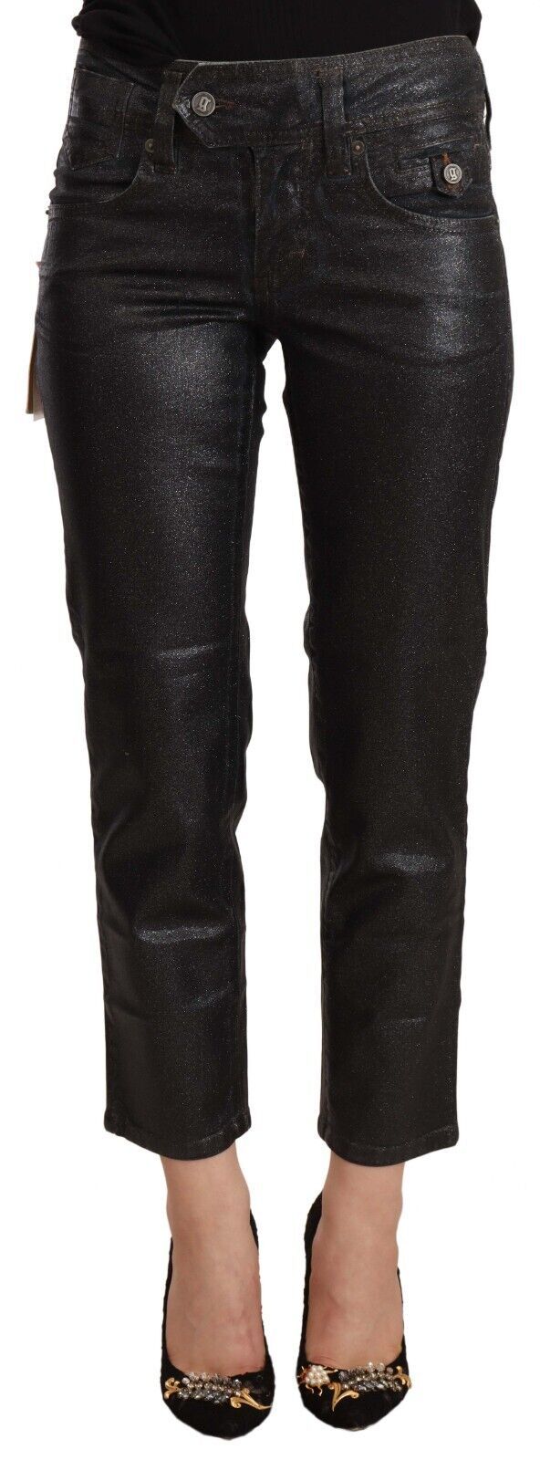 Zwarte, glinsterende, katoenen cropped broek met middelhoge taille