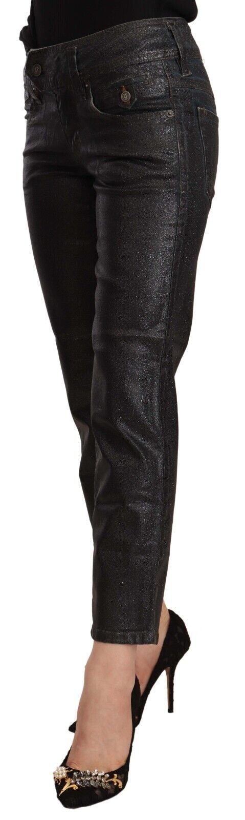 Zwarte, glinsterende, katoenen cropped broek met middelhoge taille
