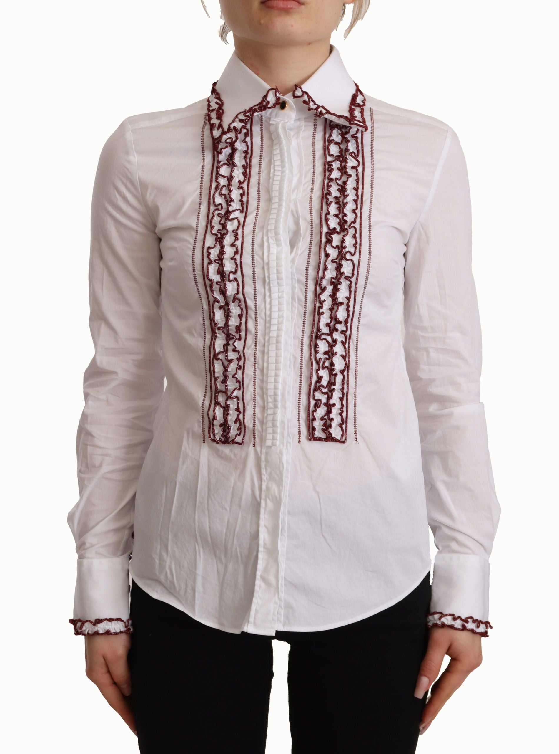 Wit katoenen kanten shirt met lange mouwen en rucheskraag