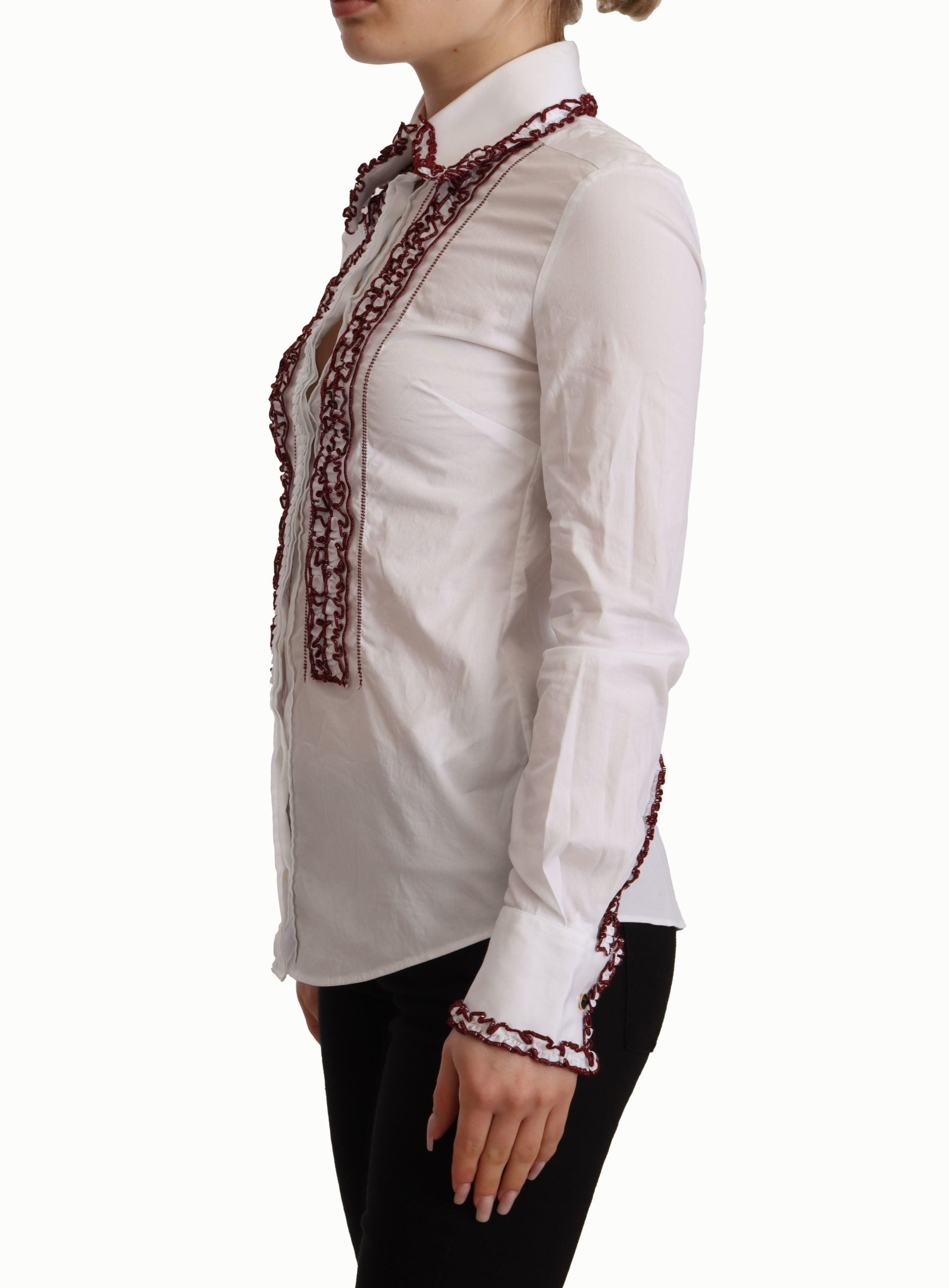 Wit katoenen kanten shirt met lange mouwen en rucheskraag