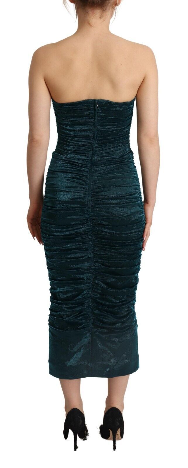 Turquoise bustier lijfje gedrapeerde midi-jurk