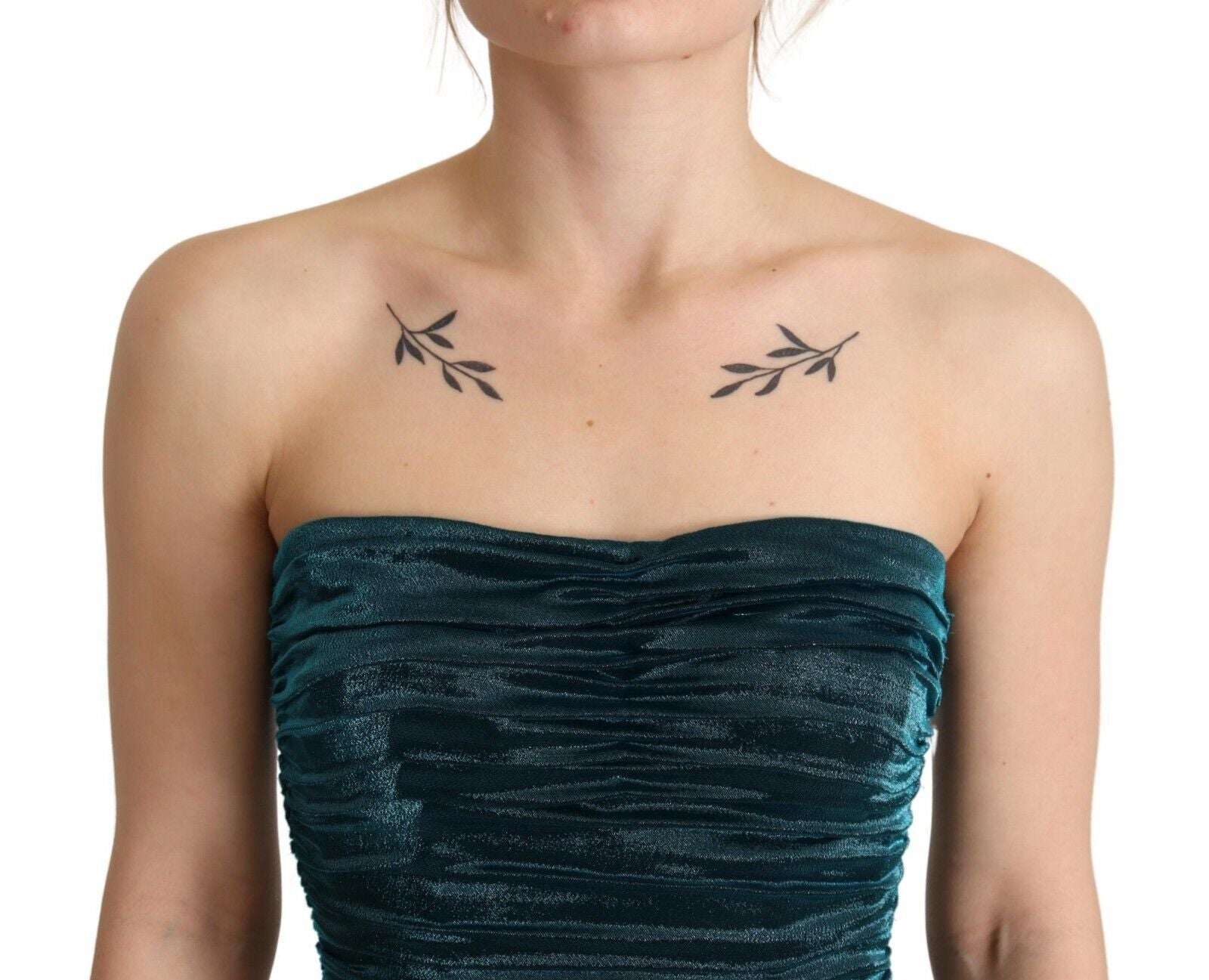 Turquoise bustier lijfje gedrapeerde midi-jurk