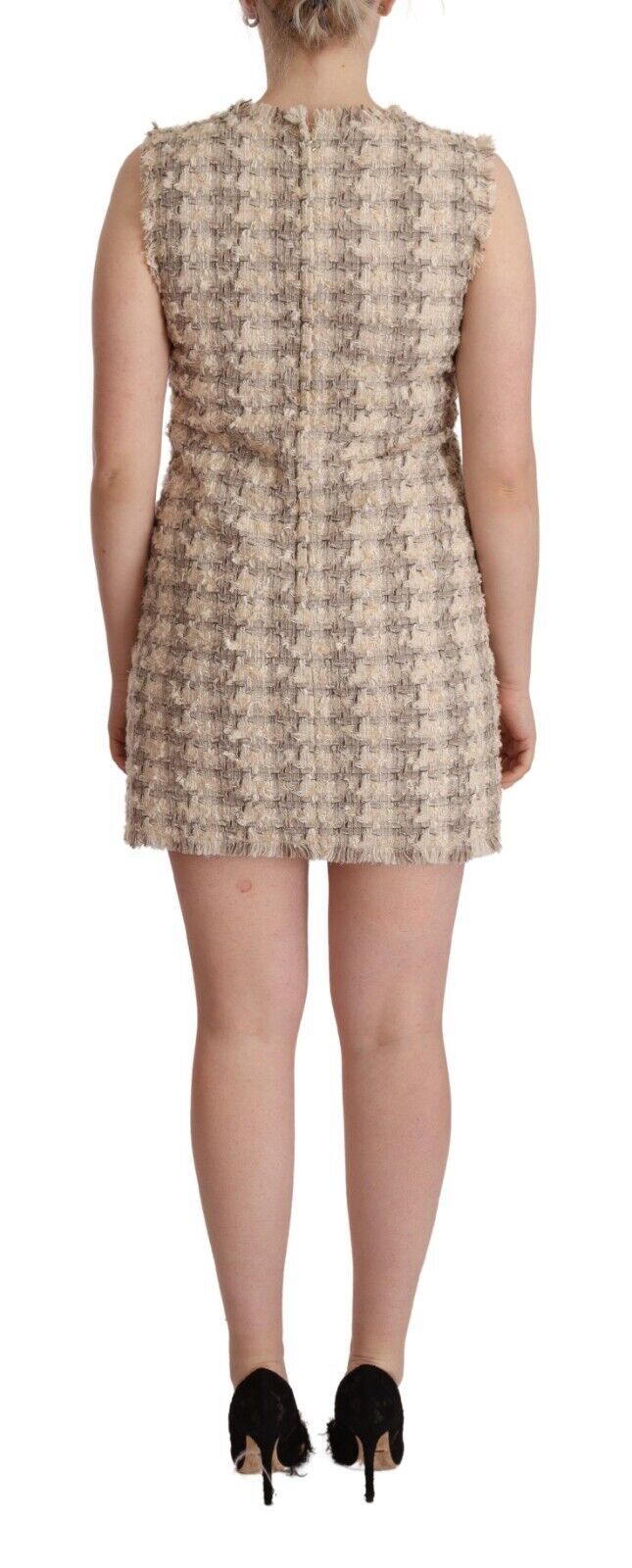 Beige geruite mouwloze mini-shiftjurk