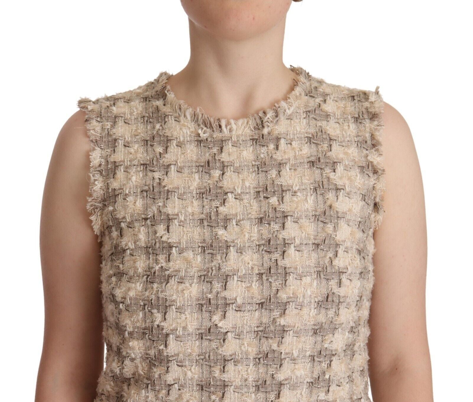 Beige geruite mouwloze mini-shiftjurk