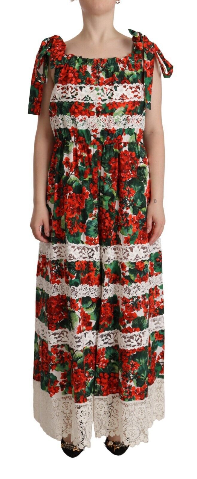 Multicolor geranium print kanten lange maxi-jurk