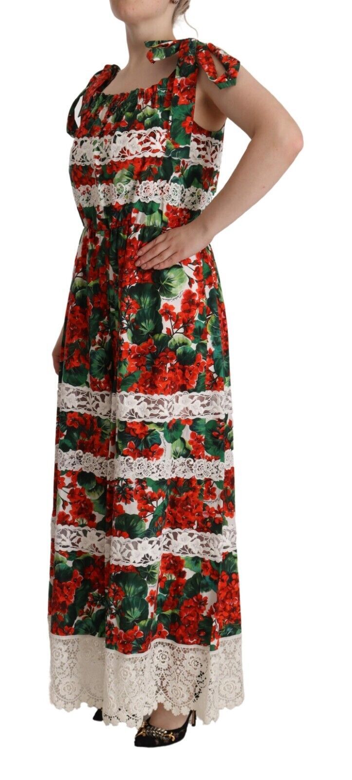 Multicolor geranium print kanten lange maxi-jurk