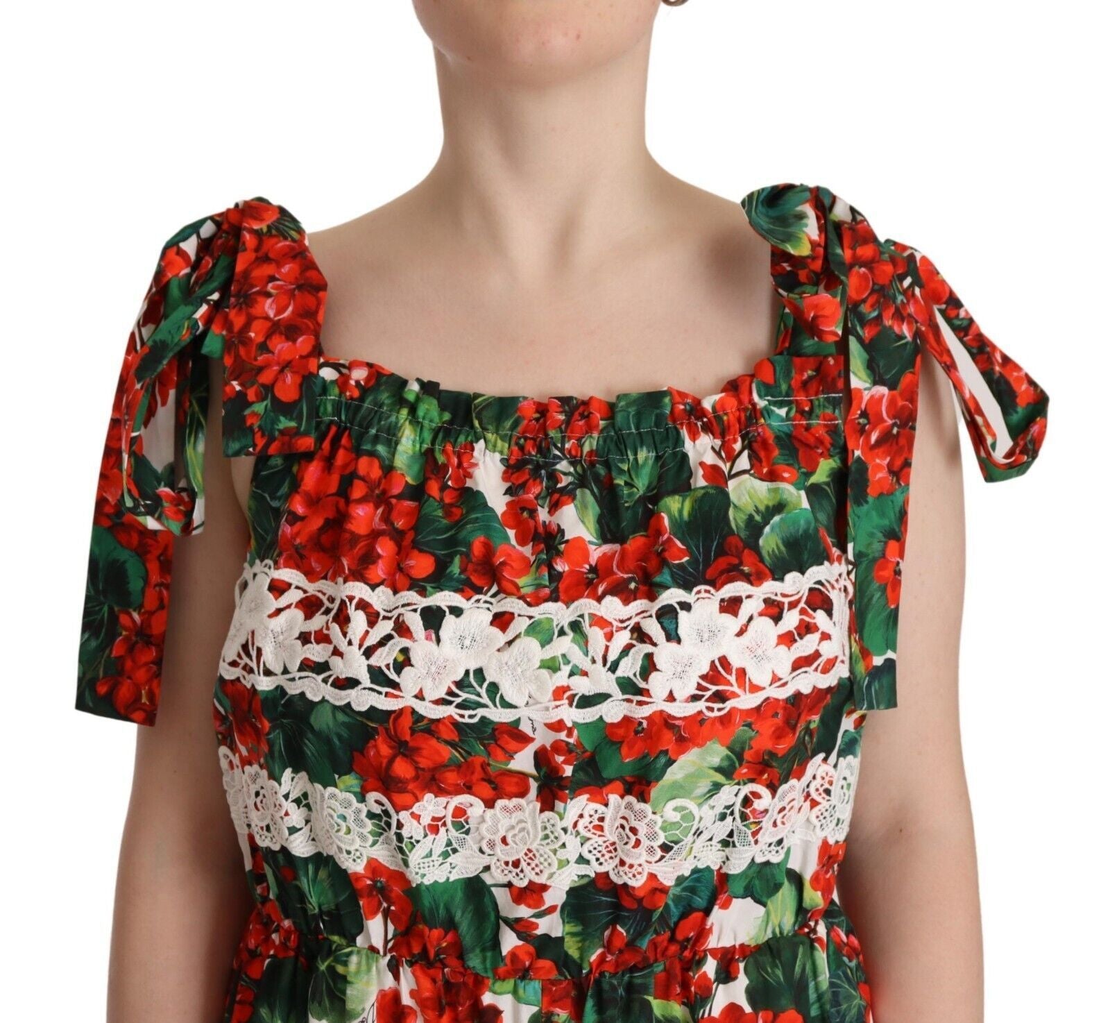 Multicolor geranium print kanten lange maxi-jurk