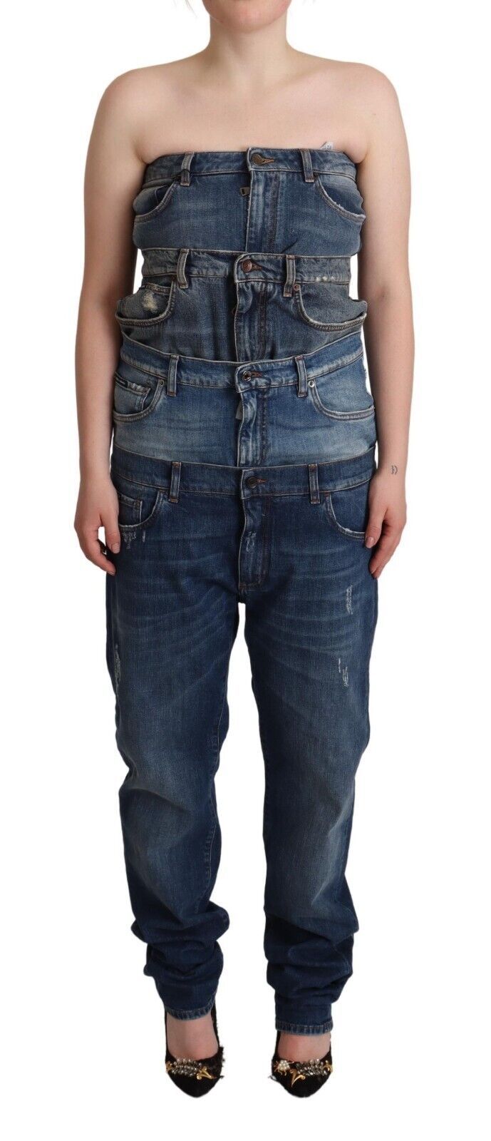 Donkerblauwe katoenen strapless denim jumpsuitjurk
