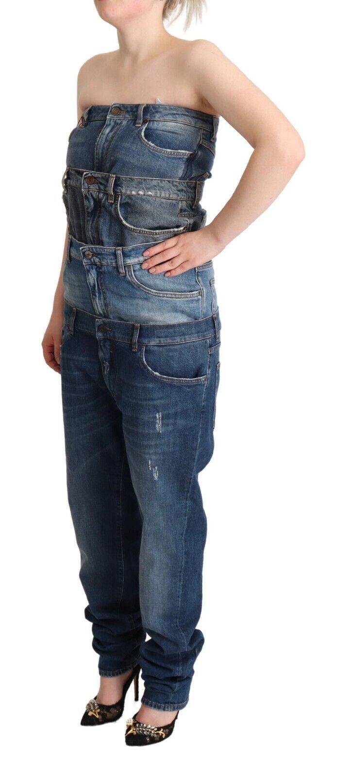 Donkerblauwe katoenen strapless denim jumpsuitjurk