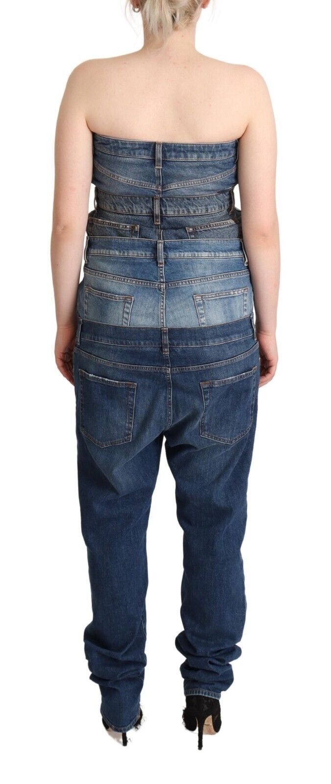 Donkerblauwe katoenen strapless denim jumpsuitjurk