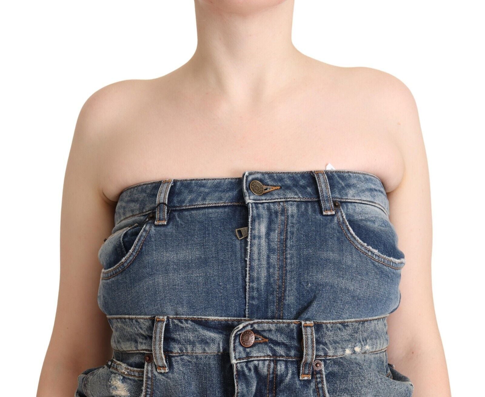 Donkerblauwe katoenen strapless denim jumpsuitjurk