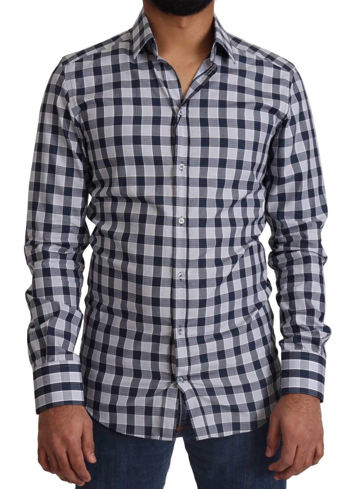 Blauw-wit geruit katoenen slim fit goudkleurig overhemd