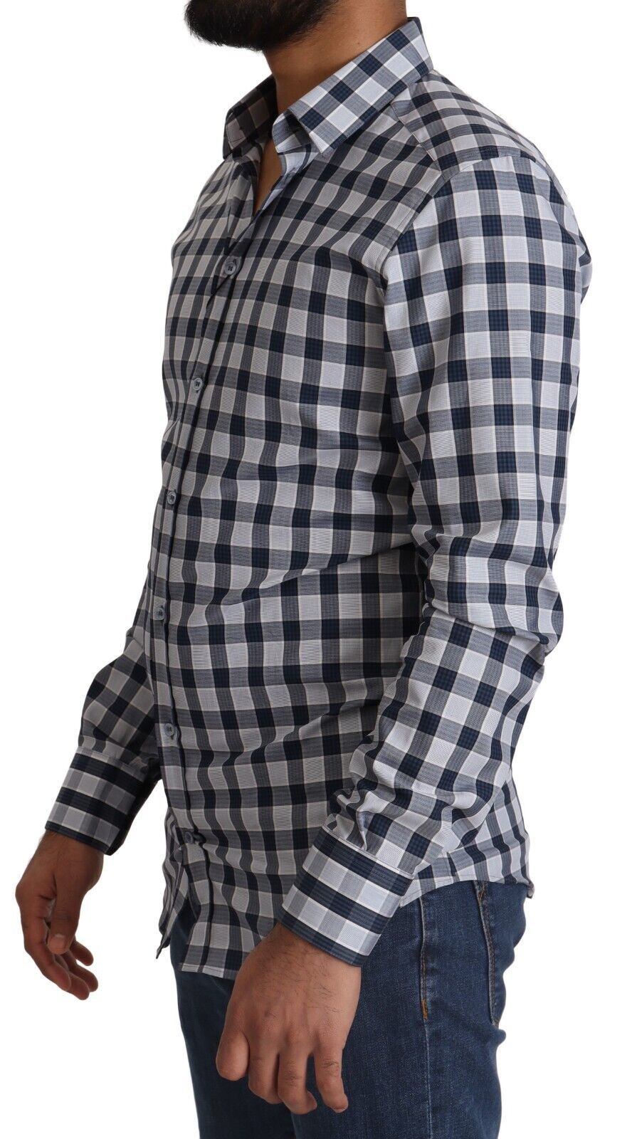 Blauw-wit geruit katoenen slim fit goudkleurig overhemd