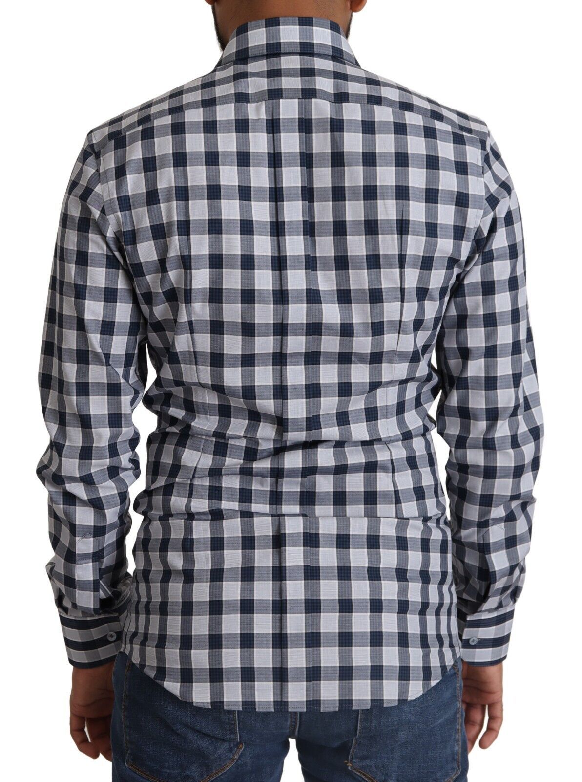 Blauw-wit geruit katoenen slim fit goudkleurig overhemd
