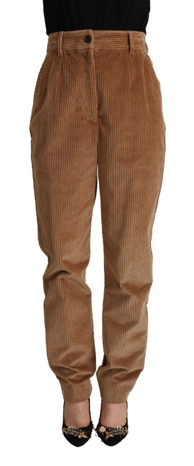 Bruine katoenen corduroy skinny broek met hoge taille