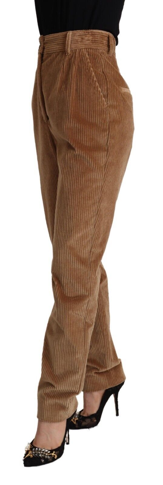 Bruine katoenen corduroy skinny broek met hoge taille