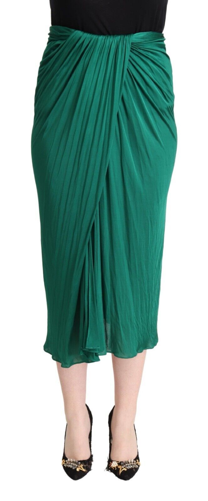 Donkergroene midi-kokerrok met hoge taille en plooien