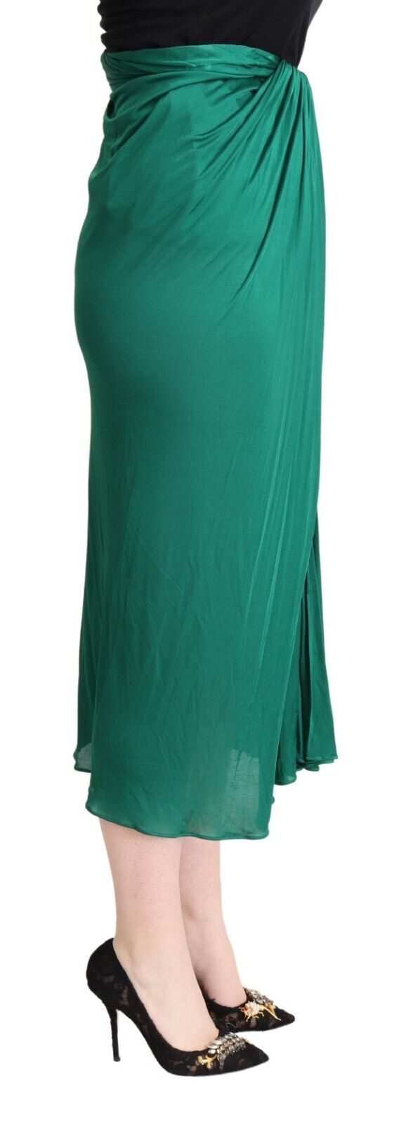 Donkergroene midi-kokerrok met hoge taille en plooien