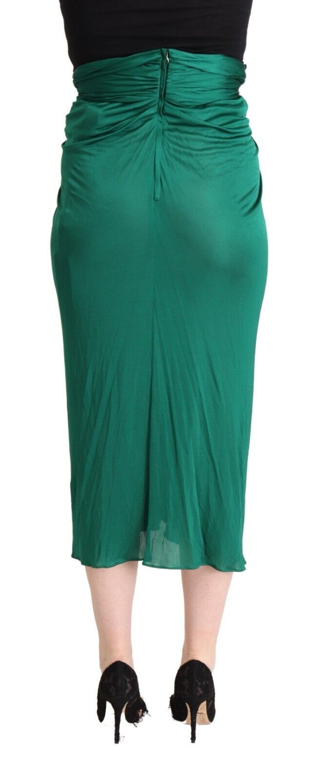 Donkergroene midi-kokerrok met hoge taille en plooien