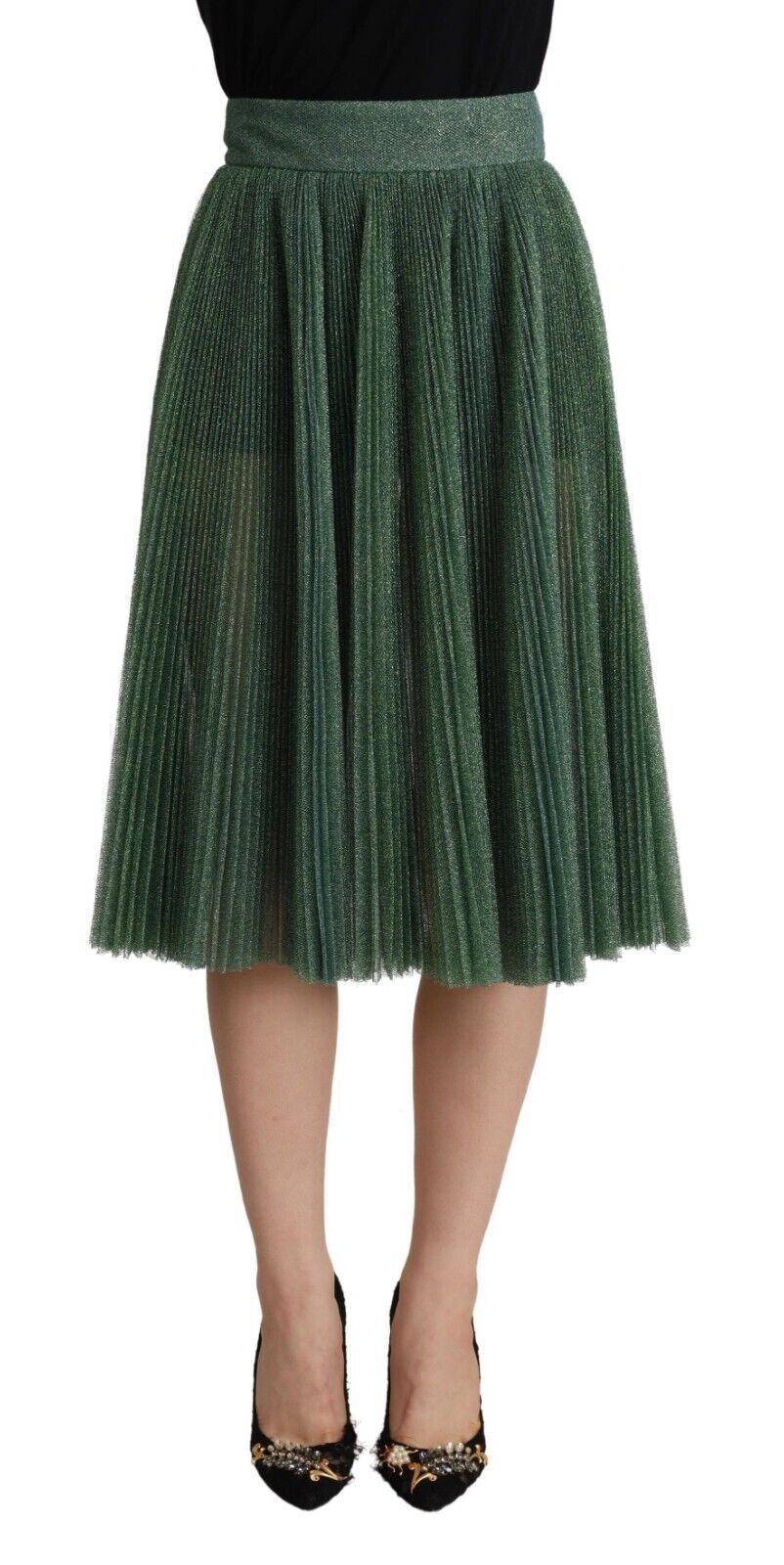 Metallic groene hoge taille A-lijn geplooide rok