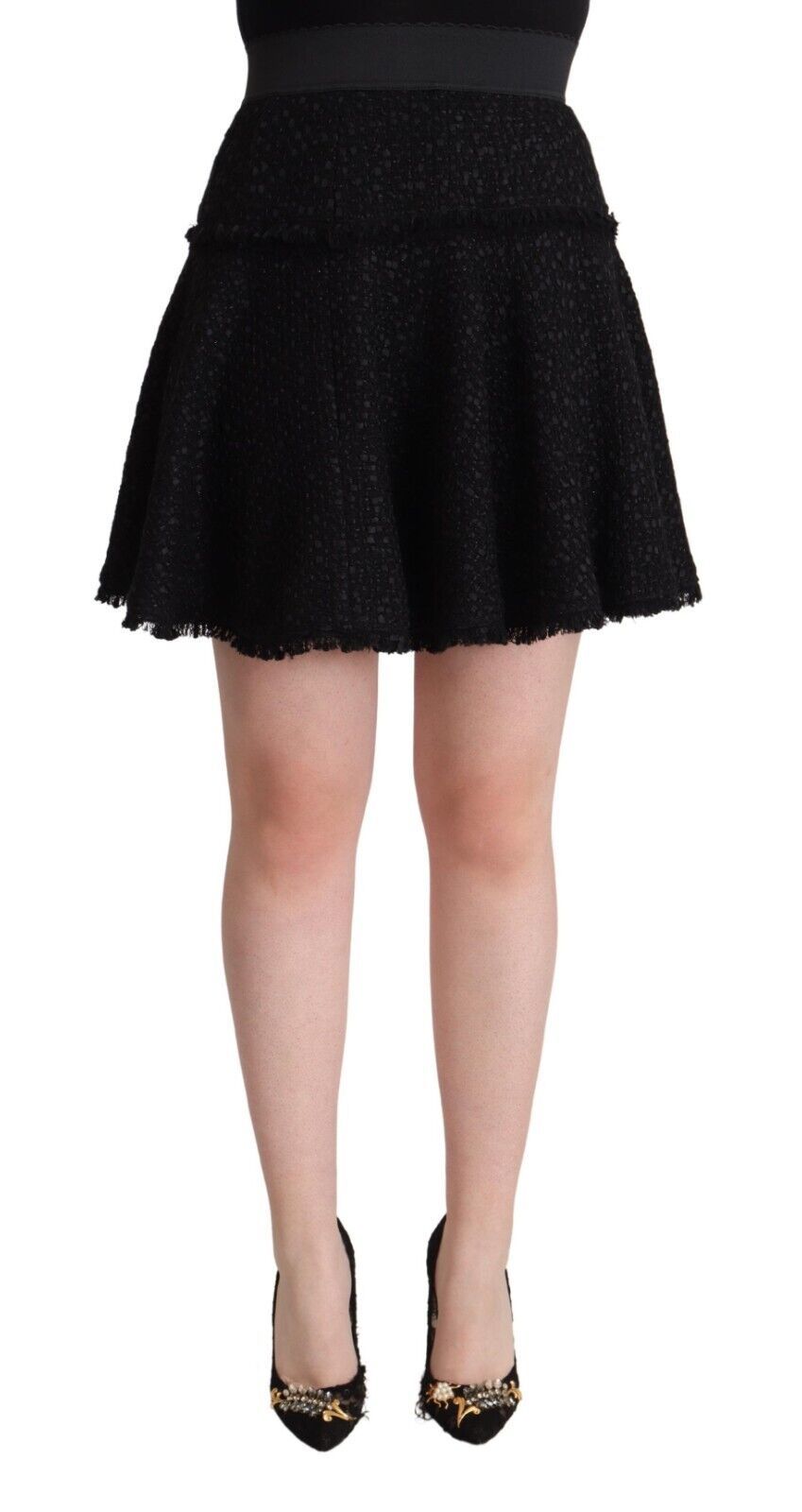 Zwarte gebreide nylon mini A-lijn rok met hoge taille