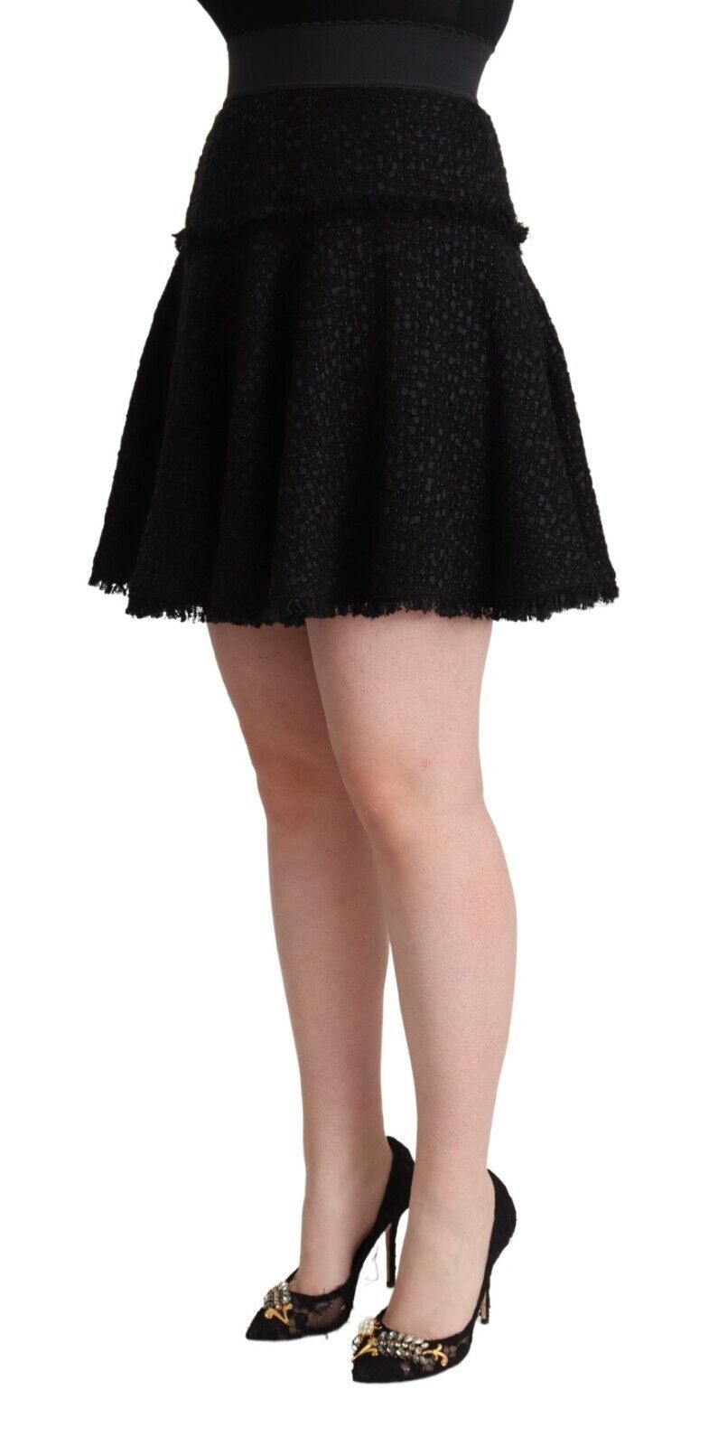 Zwarte gebreide nylon mini A-lijn rok met hoge taille