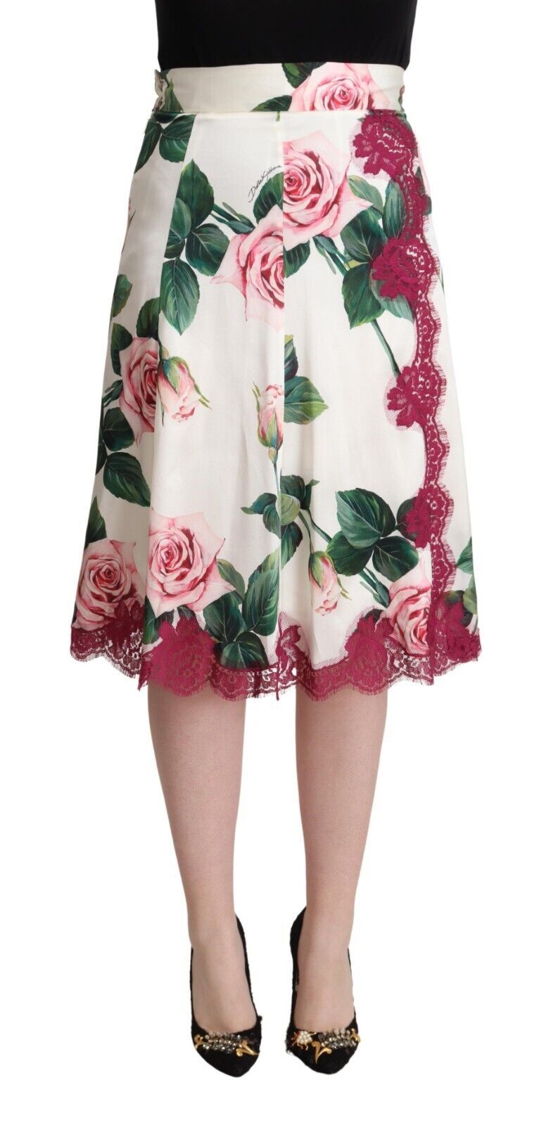Witte A-lijn midi-rok met rozenprint en hoge taille