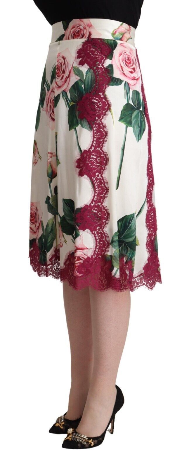 Witte A-lijn midi-rok met rozenprint en hoge taille