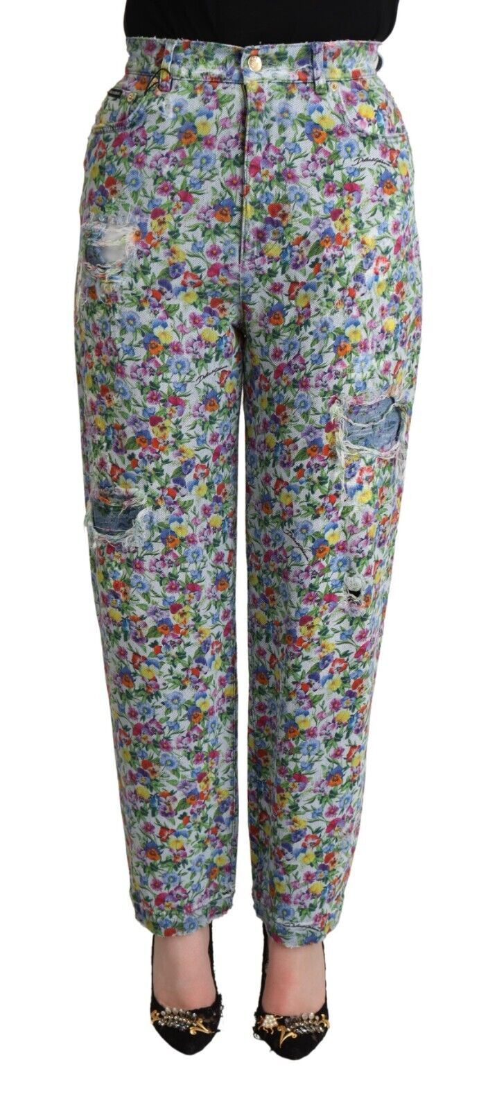 Blauwe bloemenprint hoge taille denim taps toelopende jeans
