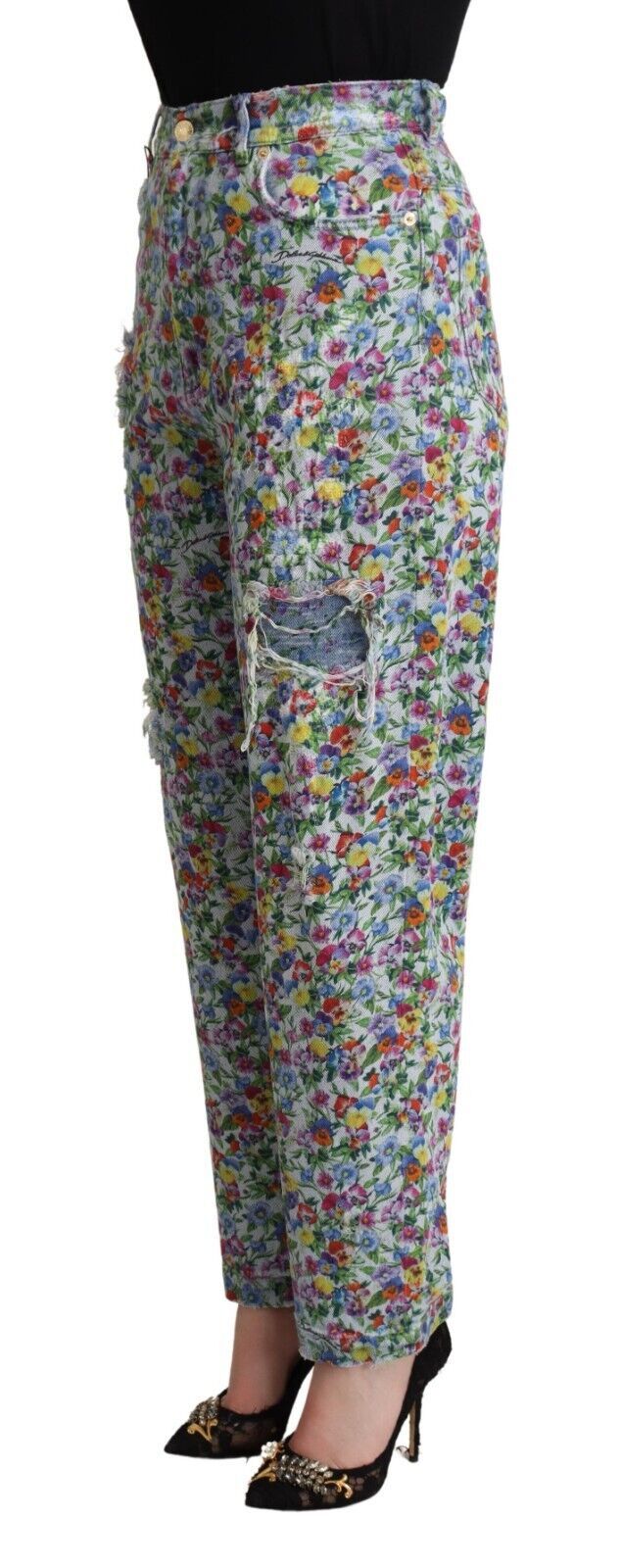 Blauwe bloemenprint hoge taille denim taps toelopende jeans